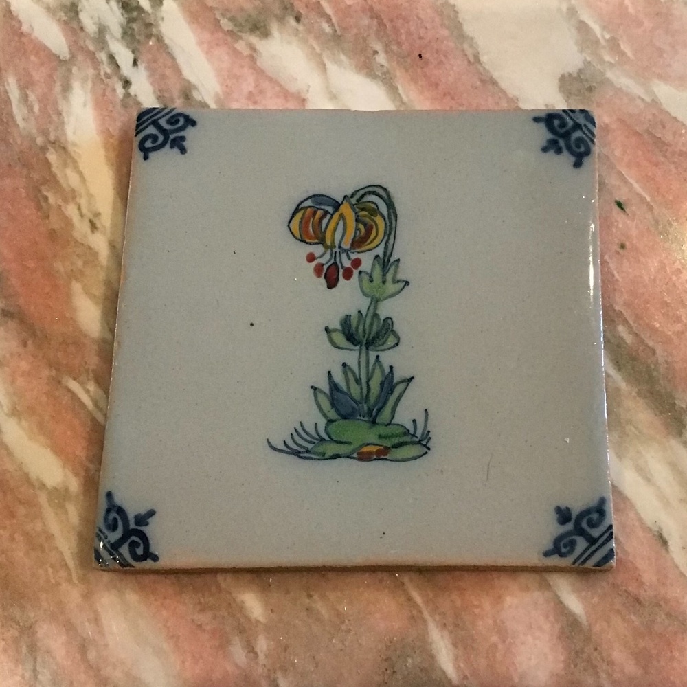 Delft tile, handmade 60s vintage perfect, flower#1